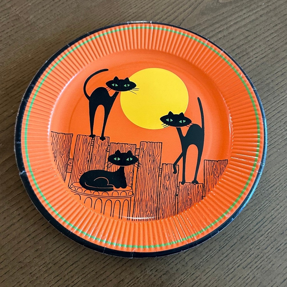 Vintage Halloween Paper Plate Black Cats Full Moon Mid Century Modern MCM Orange